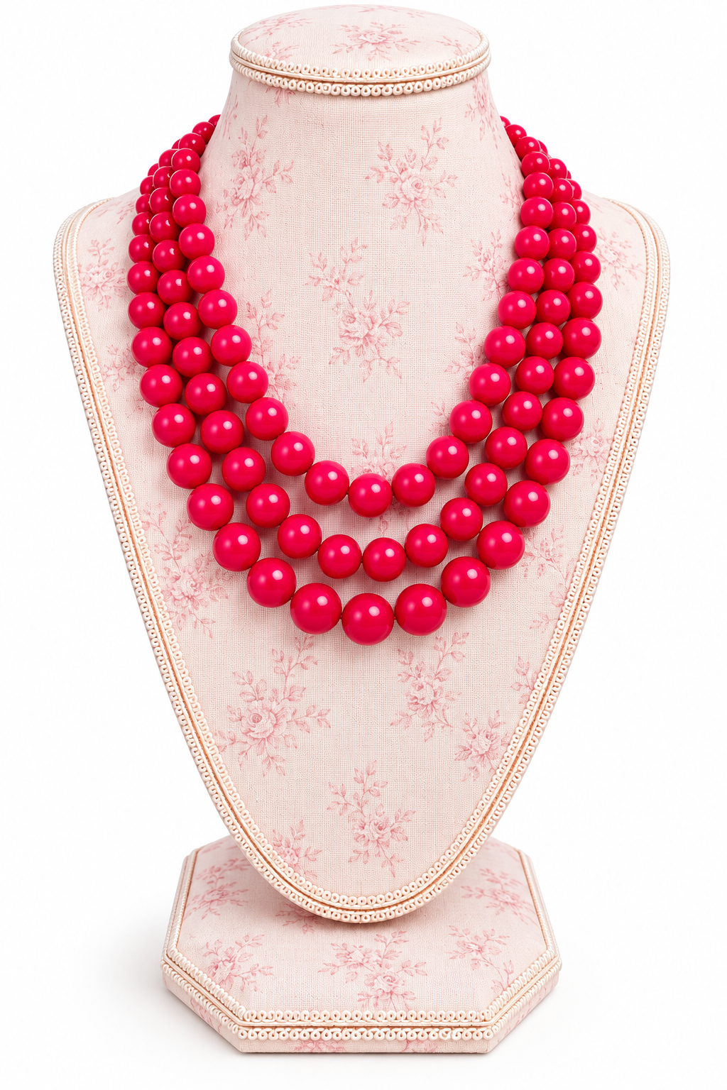 Vintage 1980s–1990s Cherry Red Triple Strand Graduated Beaded Bib Statement Necklace