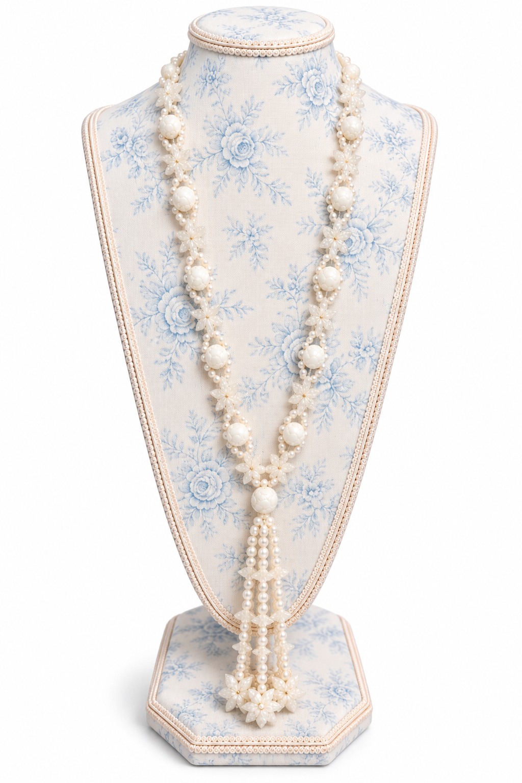 Vintage 1960s Molded Floral Faux Pearl Lariat Tassel Necklace