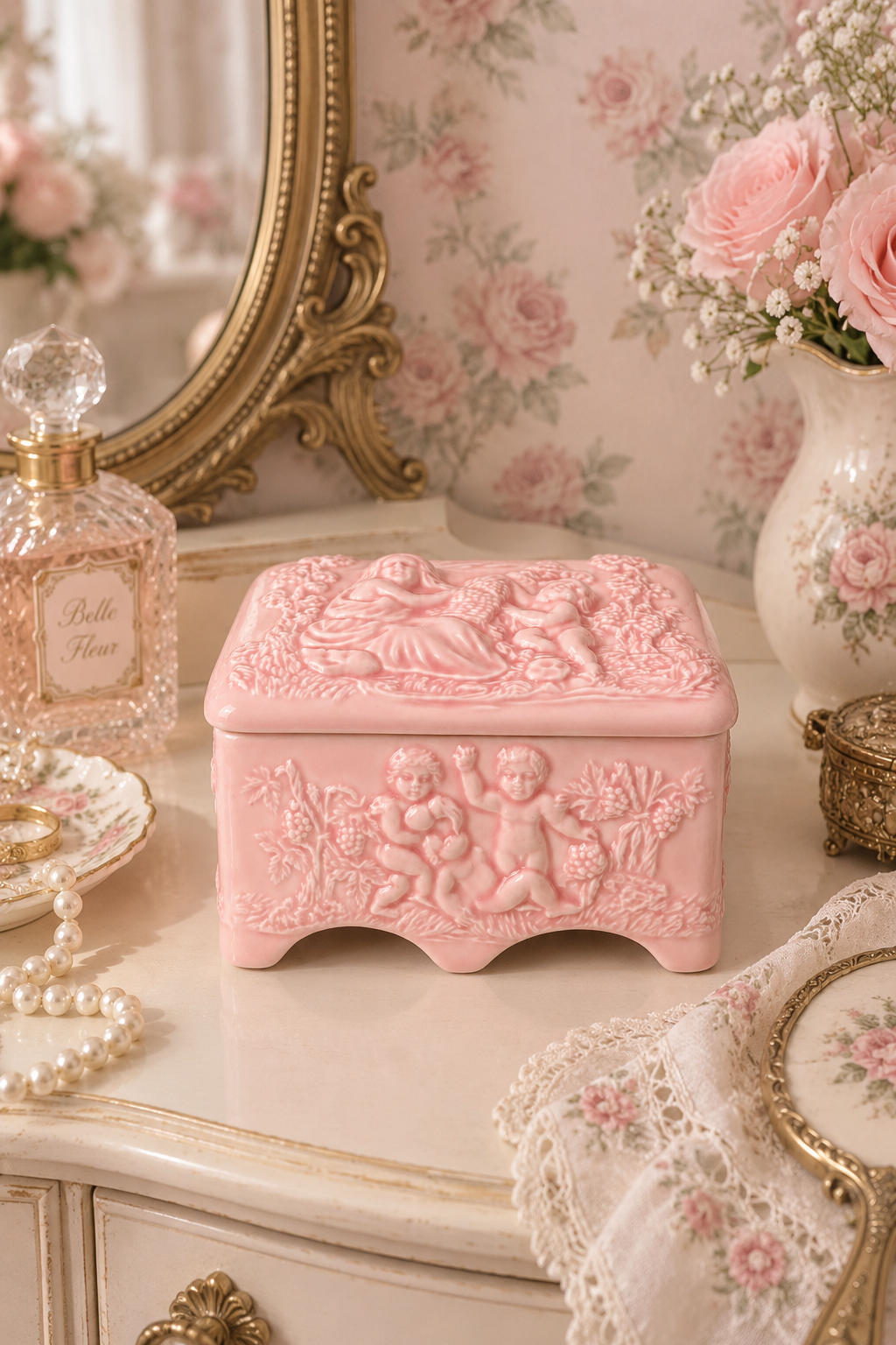 Vintage 1950s–1960s Pink Ceramic Cherub Vanity Trinket Box