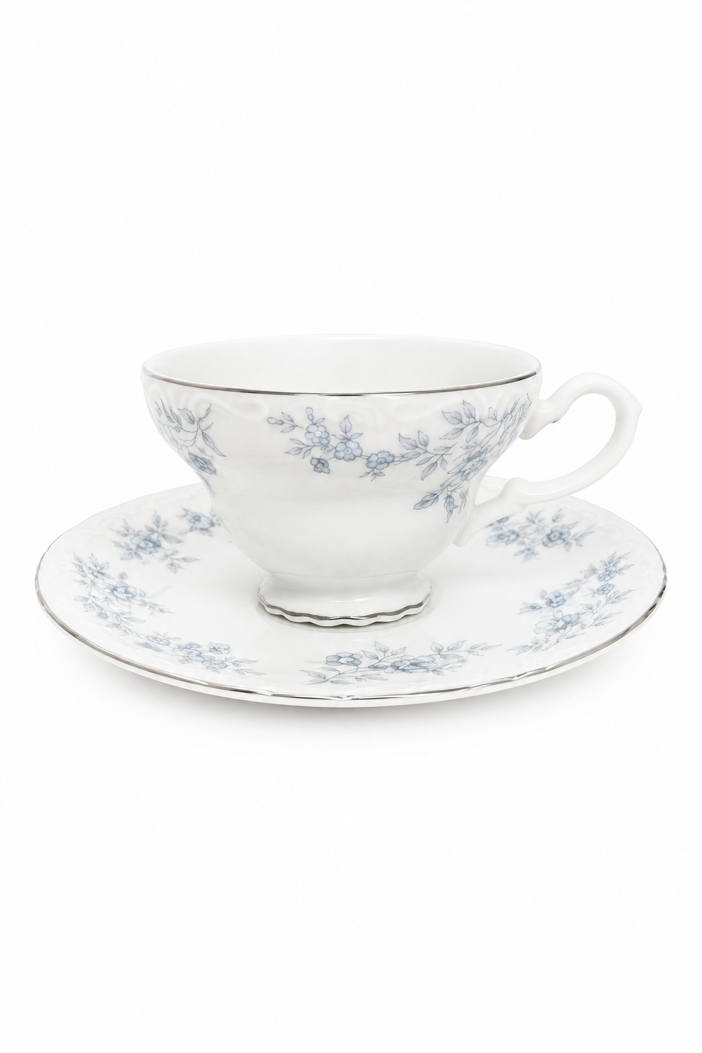 Vintage 1950s–1960s Blue Waltz Fine China Blue Floral Teacup & Saucer | Silver Trim