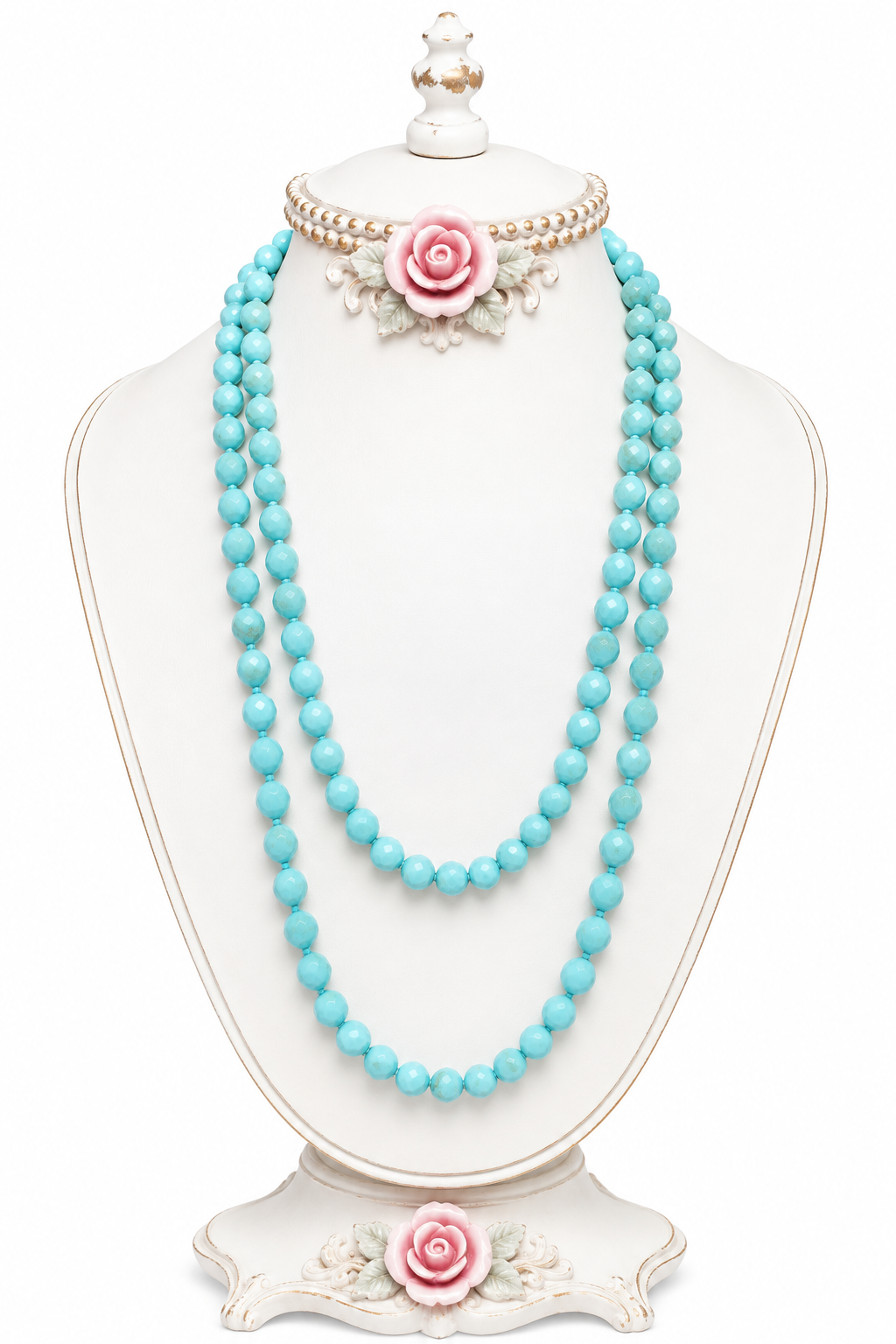Vintage Pastel Blue Long Beaded Necklace – Retro Double-Strand Statement Jewelry