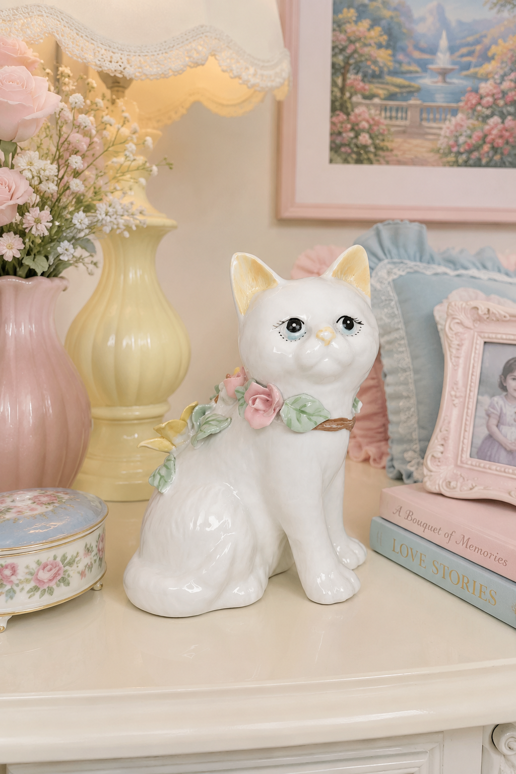 Vintage White Porcelain Cat Figurine with Applied Pink & Yellow Roses | Romantic Floral Kitty Statue | Cottage Décor