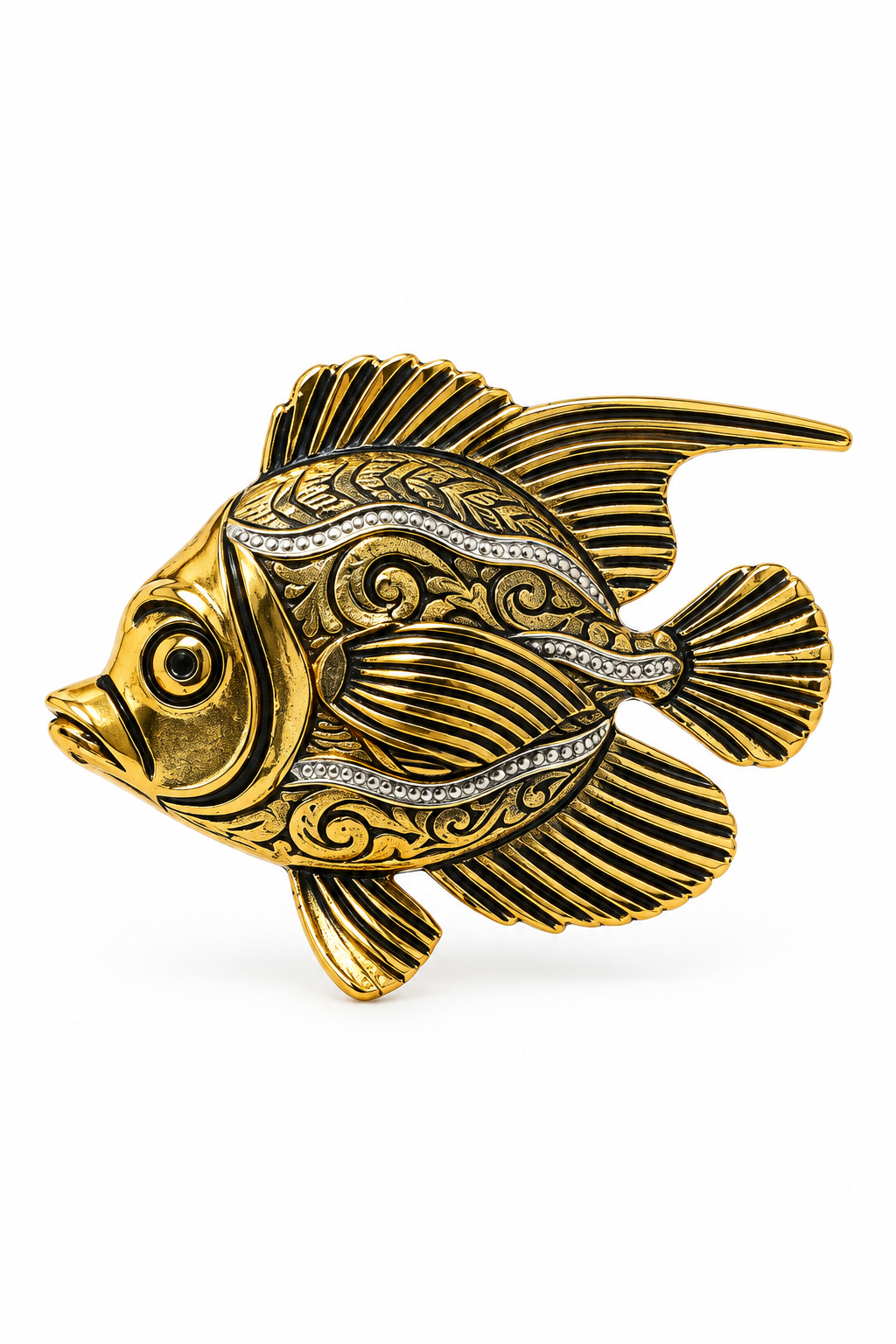 Vintage 1950s–1970s Made in Spain Damascene Gold-Tone Fish Brooch Pin