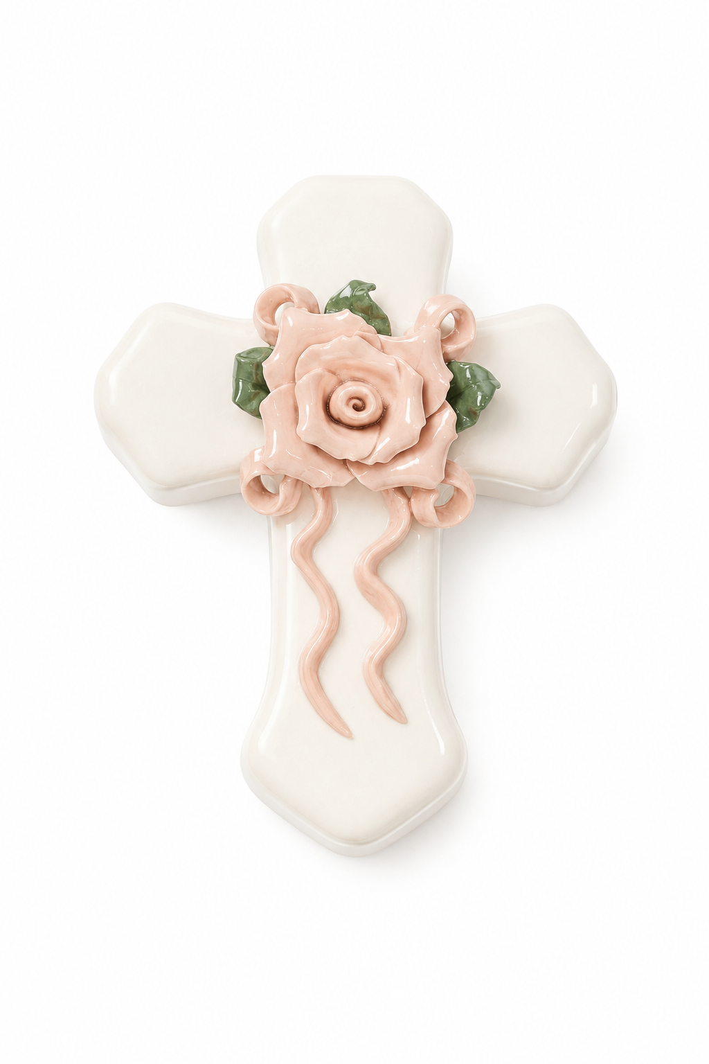 Vintage 1980s White Porcelain Cross Trinket Box | Pink Rose & Ribbon Lidded Keepsake Box | Religious Jewelry Box