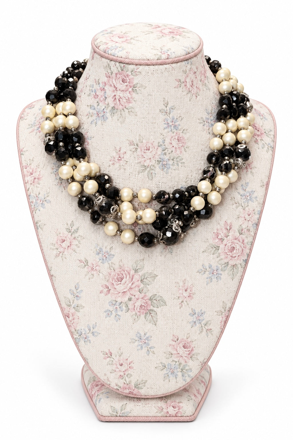 Vintage 1950s 4-Strand Black Glass Crystal & Faux Pearl Bib Necklace Silver Hook Clasp