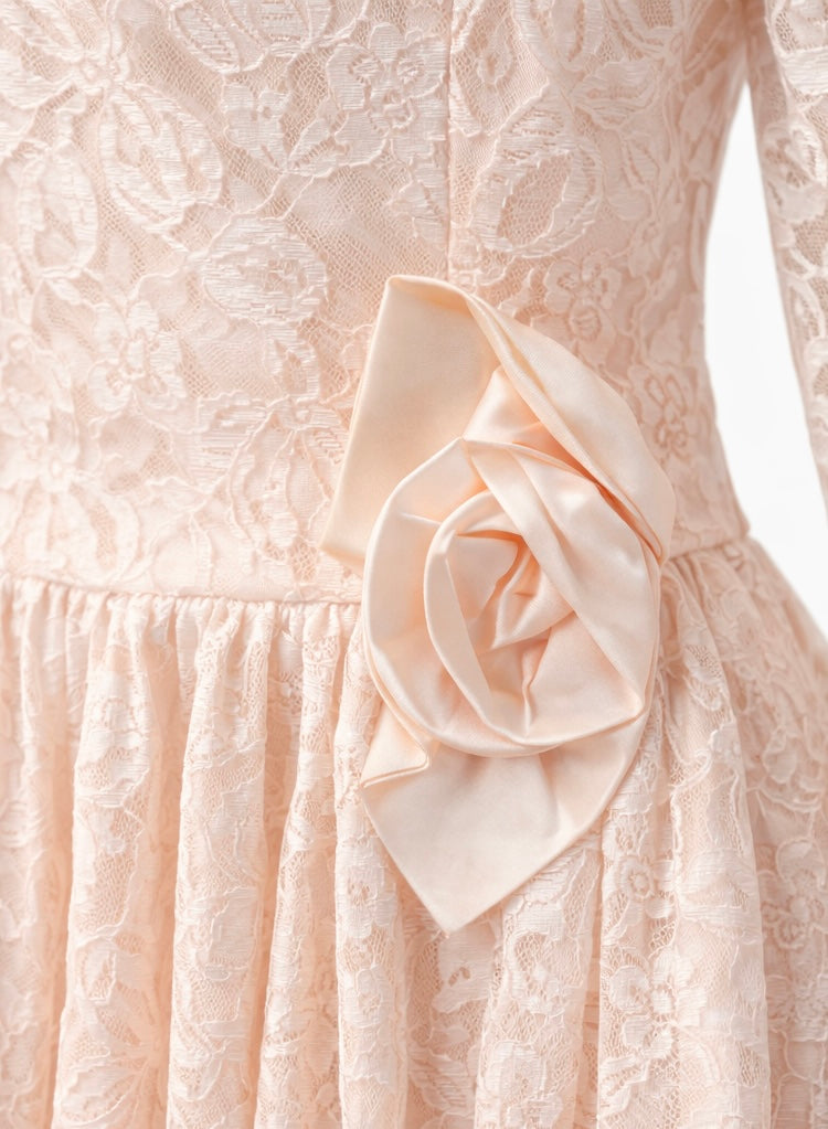 Vintage 1980s Blush Pink Lace Party Dress | Long Sleeve Romantic Formal Gown