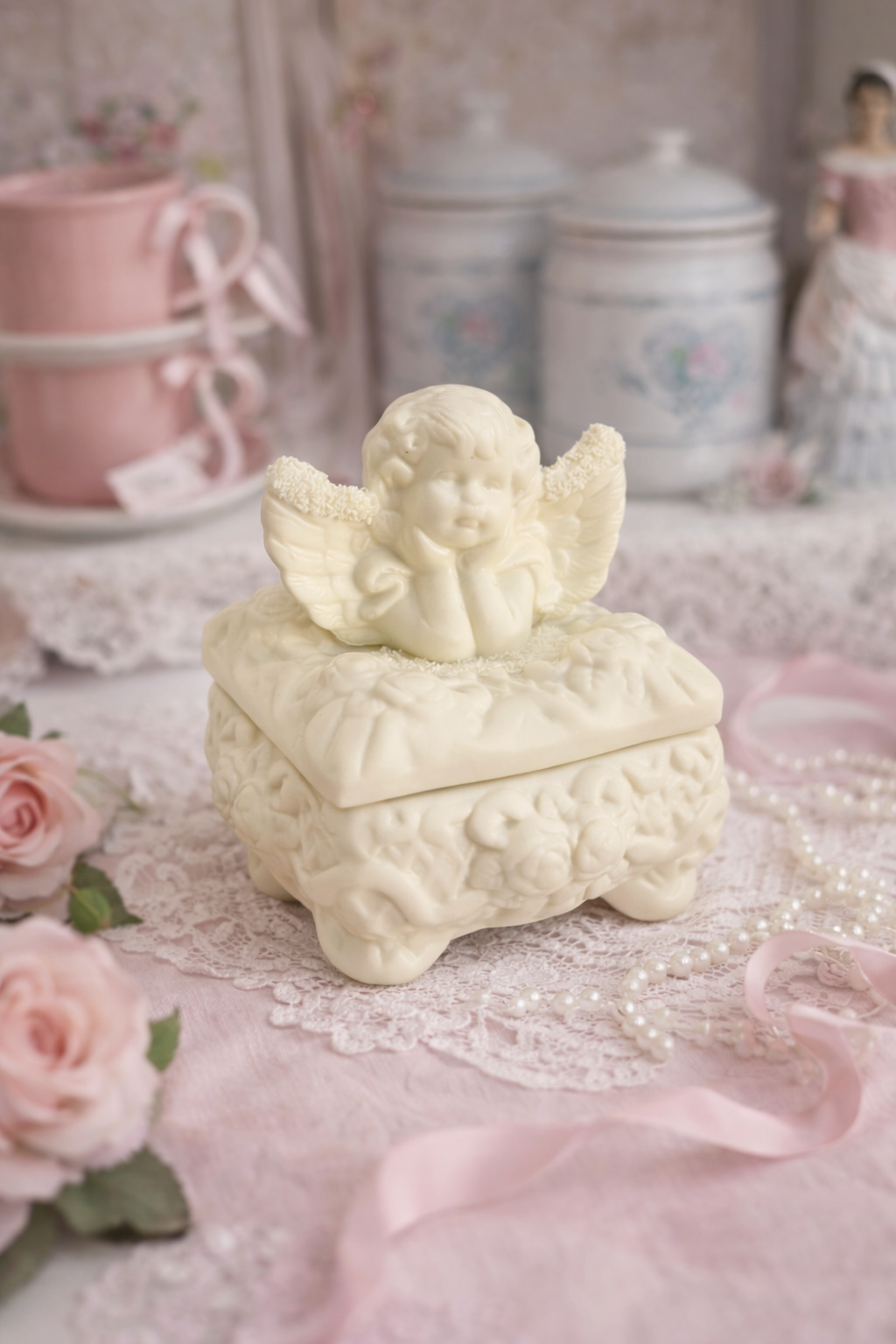 Vintage Cherub Angel Trinket Box | Ivory Floral Jewelry Keepsake Box (Shabby Chic Décor)