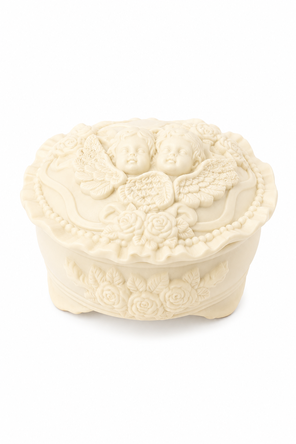Vintage Ivory Bisque Porcelain Cherub Angel Trinket Box with Roses Lidded Jewelry Box
