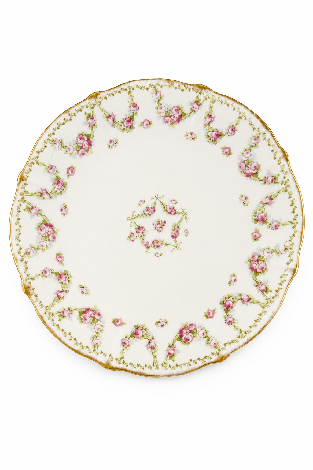 Antique Limoges France Pink Rose Floral Chop Plate | Large 12⅜” Serving Platter | Gold Trim | Wall Décor