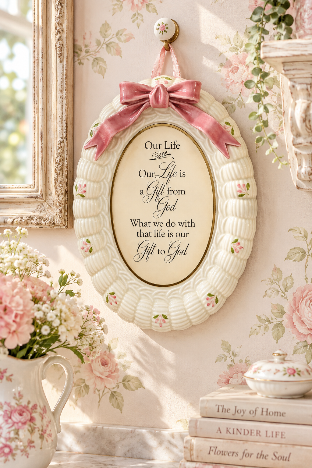 Vintage Religious Ceramic Wall Plaque with Pink Bow | “Our Life Is a Gift From God” Christian Décor