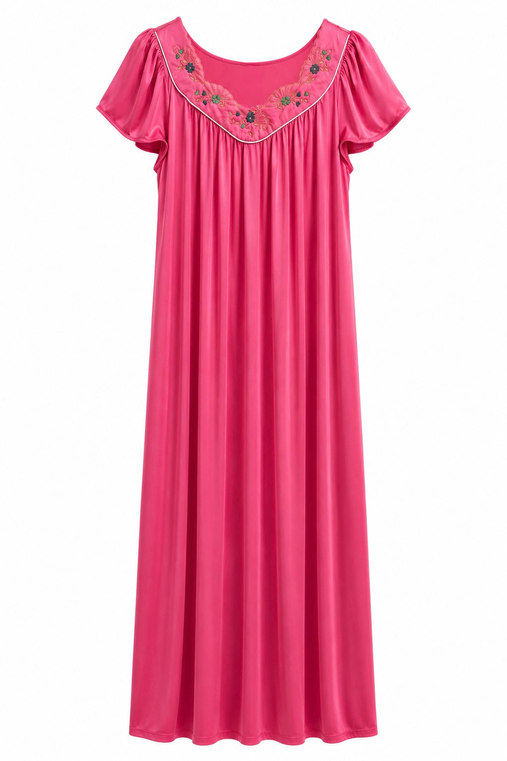 Vintage Hot Pink Flutter Sleeve Nightgown | Embroidered Floral Lounge Gown | Romantic Nylon Sleepwear | Size M/L