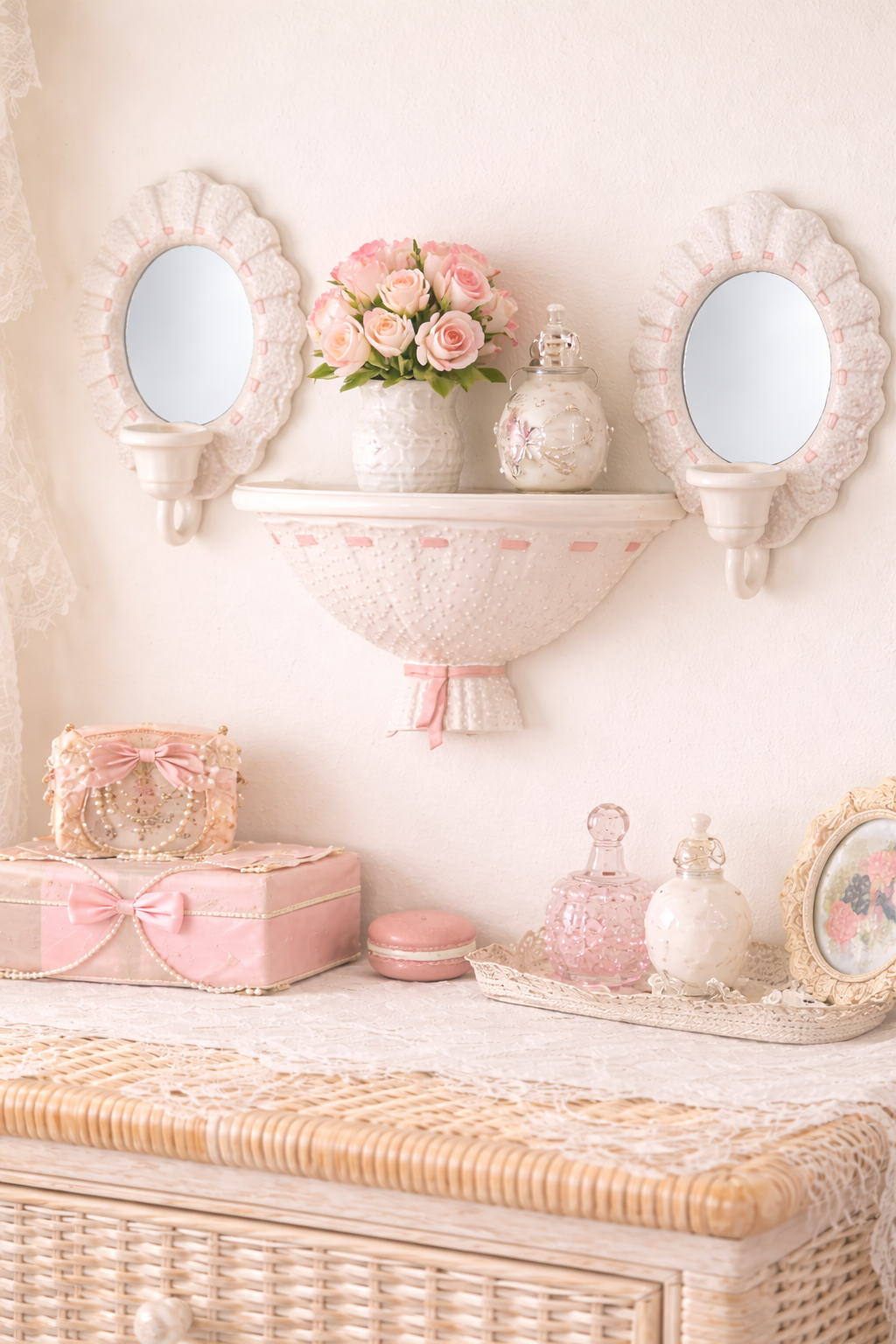 Shabby Chic Ribbon Mirror & Sconce Shelf Set – Home Interiors Wall Trio