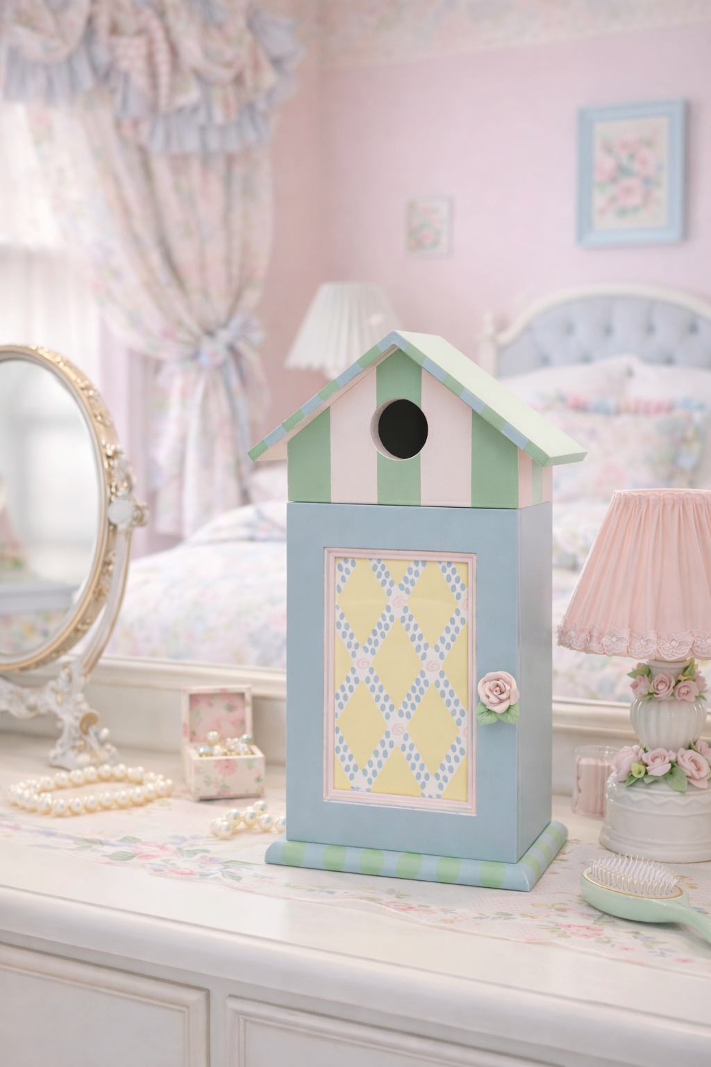 Pastel Cottage Birdhouse Jewelry Cabinet Organizer with Door | Shabby Chic Vanity Storage