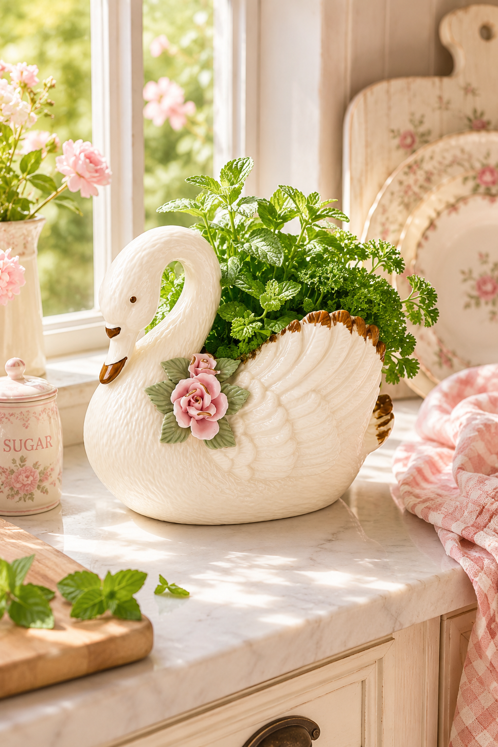 Vintage 1970s–1980s Ceramic Swan Planter | Large Floral Swan Cachepot | Cottage core Pink Rose Planter