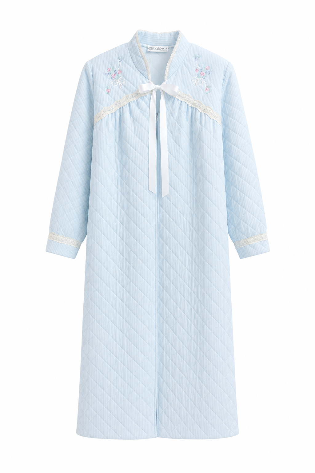 Vintage Baby Blue Quilted Floral Embroidered Robe | Made in USA Cottagecore House Coat | Size Small/Medium