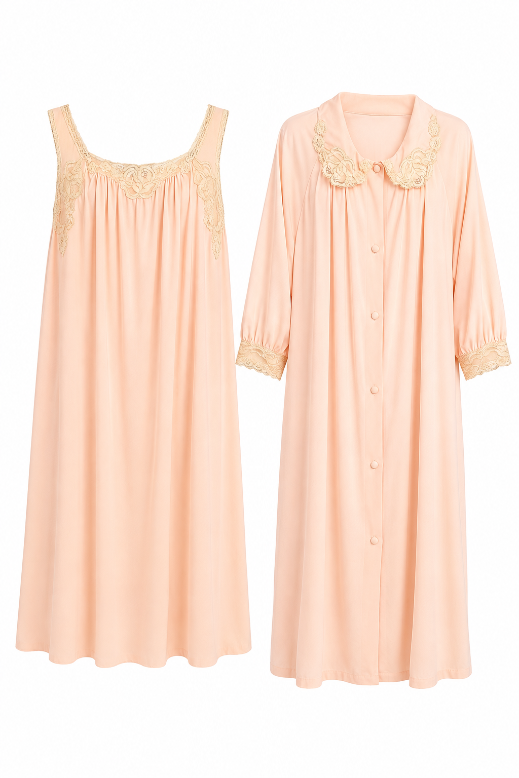 Vintage Sears Peach Lace Nightgown & Housecoat Set | Medium/Large – Size 38–40
