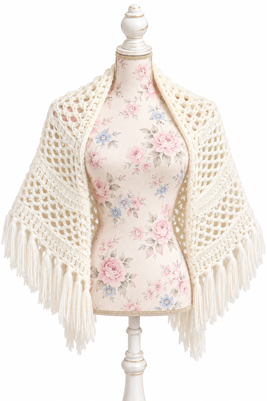 Vintage 1970s Ivory White Crochet Shawl Fringe Wrap Boho Romantic One Size