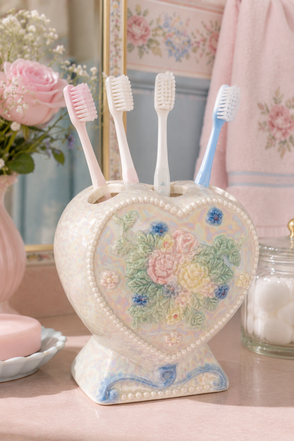 Vintage 1980s–90s Pearlized Heart Ceramic Toothbrush & Toothpaste Holder | Floral Bathroom Organizer