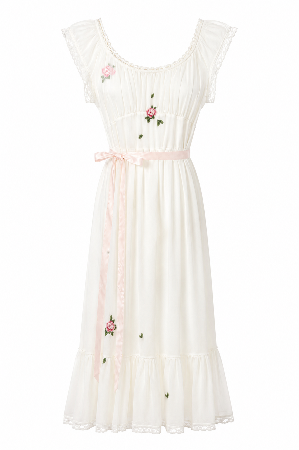 Vintage Ivory Pink Rose Nightgown | Romantic Floral Lace Maxi Gown with Satin Waist Tie – XS/S