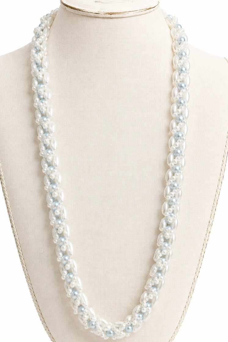 Vintage Mid-Century White & Baby Blue Pearl Beaded Necklace | 1950s Long Statement Necklace | 34” Pearl Necklace