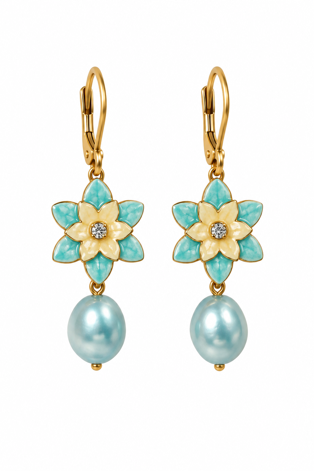 Vintage 1980s–1990s Blue & Ivory Enamel Flower Faux Pearl Drop Earrings