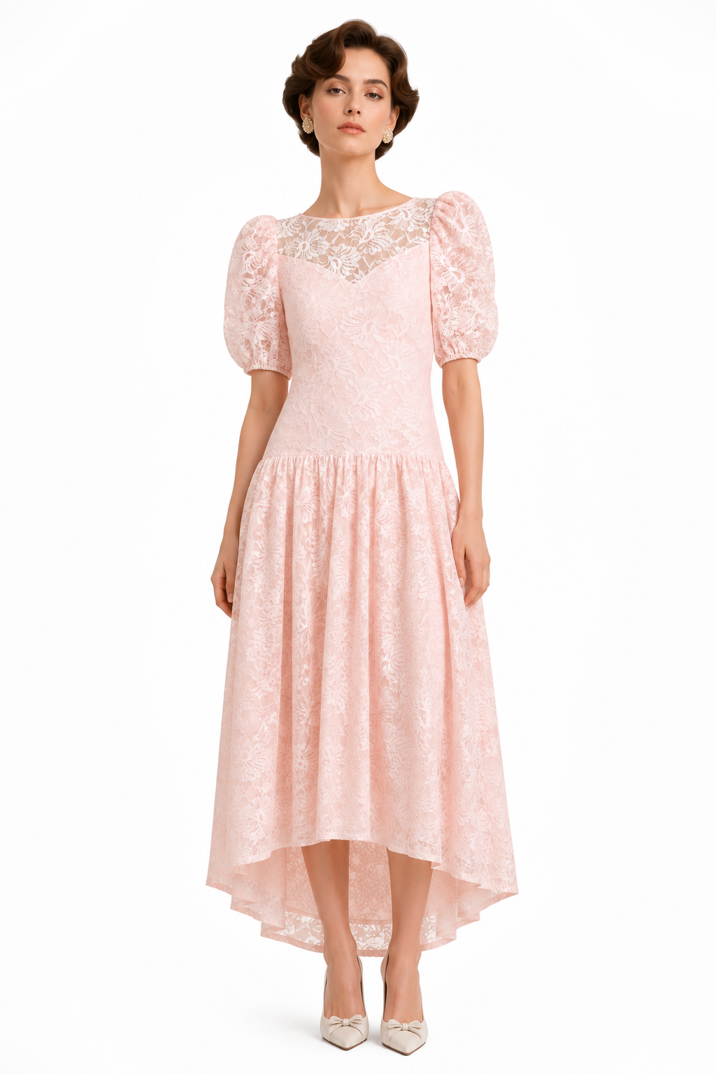 Vintage 1980s Romantic Pink Lace High-Low Dress | Cottagecore Formal Gown (Size 11-12) M