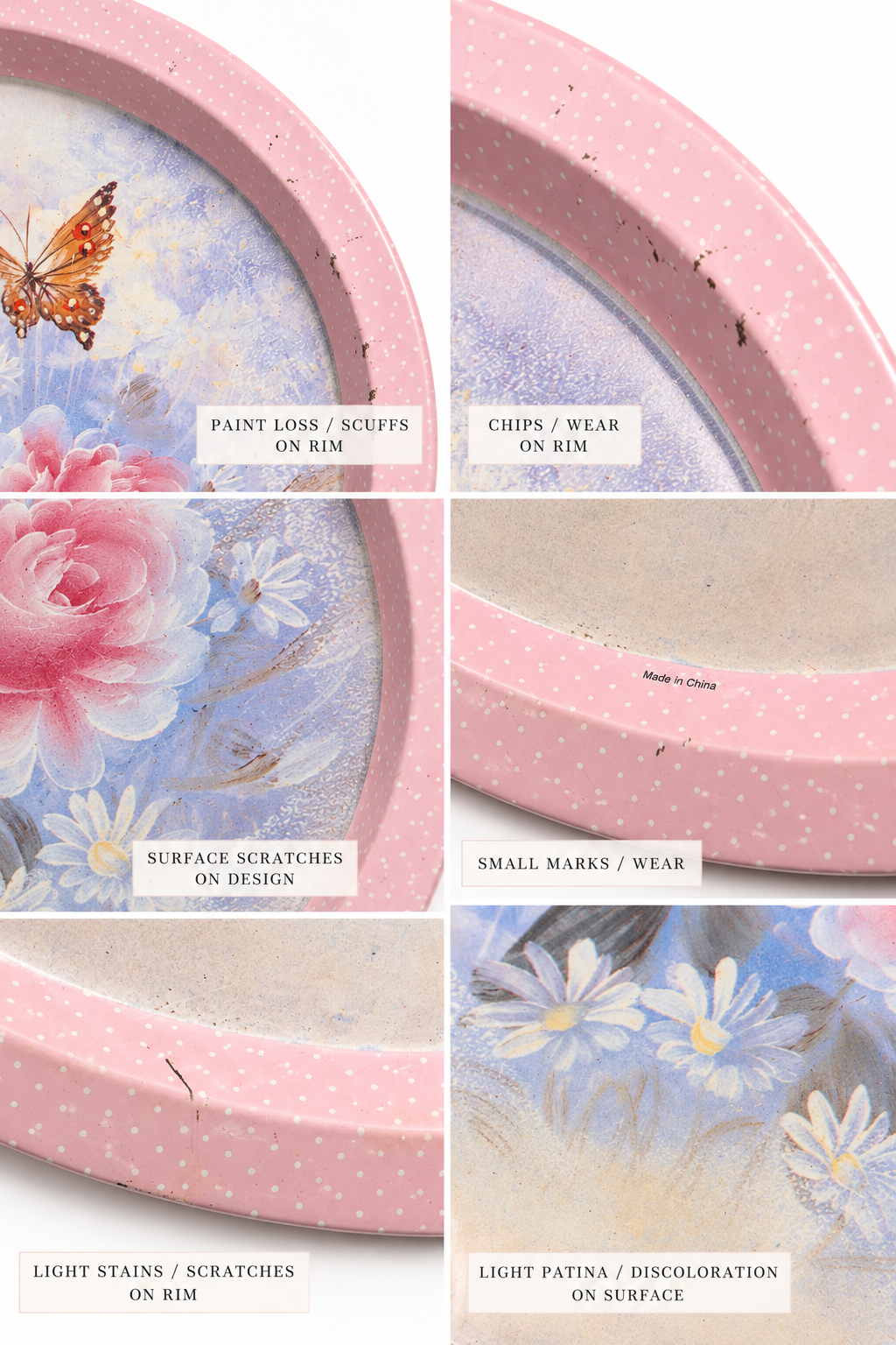 Vintage 1980s Shabby Chic Pink Polka Dot Floral & Butterfly Metal Tin Tray