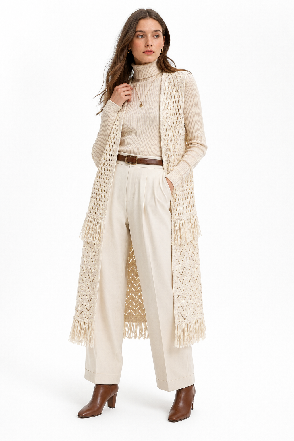 Hayden Los Angeles Crochet Fringe Duster Cardigan | Western Boho Long Knit Vest | Size M/L
