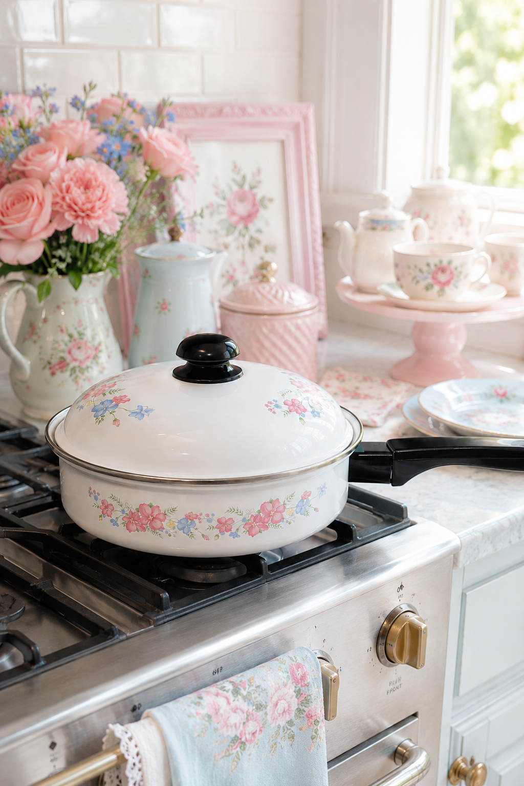 Vintage 1970s White Enamel Floral Covered Skillet | Cottagecore Enamel Pan with Lid | New Old Stock Kitchen Cookware