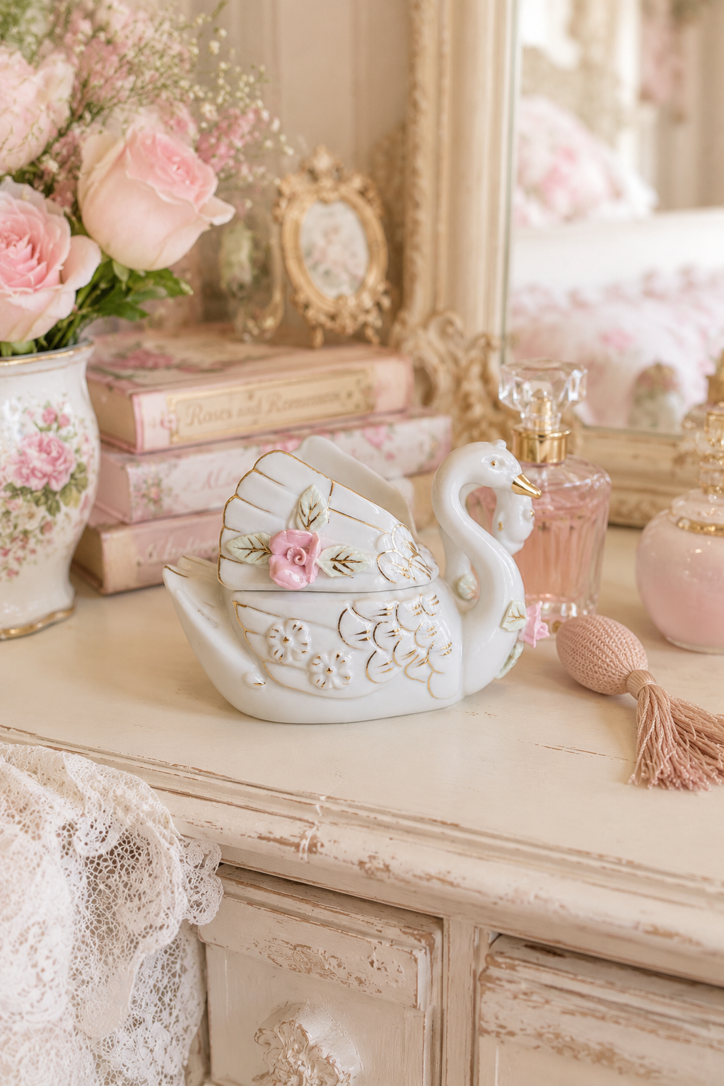 Vintage 1950s White Porcelain Double Swan Trinket Box | Pink Roses & Gold Gilt | Lidded Jewelry Box | Romantic Vanity Decor