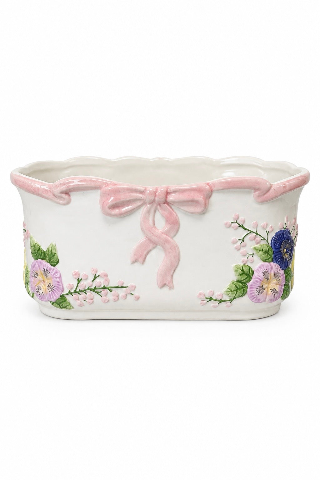 1980s LBK Floral Planter Pot with Pink Bow | Shabby Chic Ceramic Cachepot