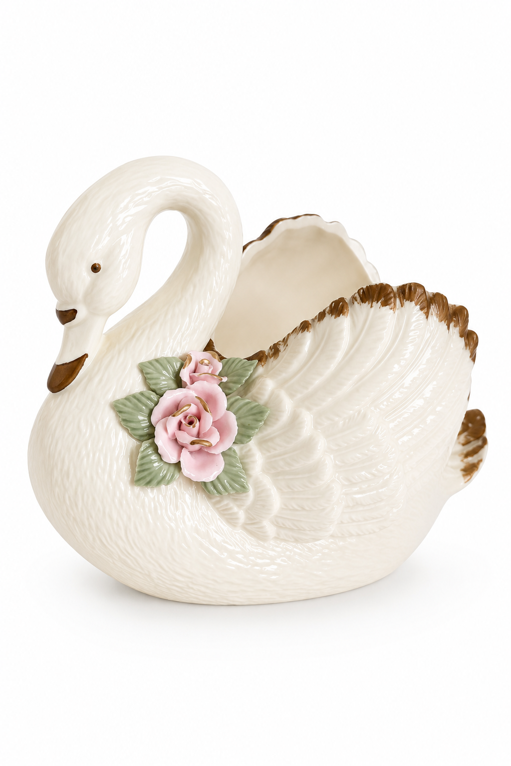 Vintage 1970s–1980s Ceramic Swan Planter | Large Floral Swan Cachepot | Cottage core Pink Rose Planter