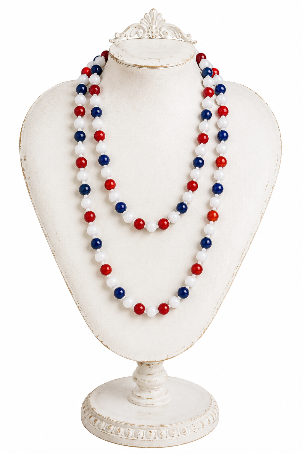 Vintage Red, White & Blue Beaded Necklace | Patriotic Double-Strand Statement Necklace | 46” Long