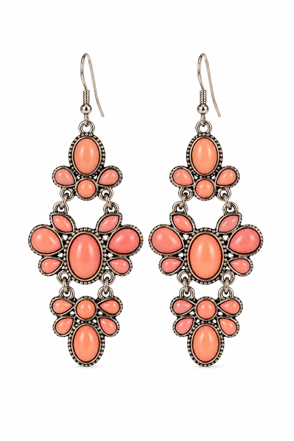 Romantic Coral Pink Chandelier Earrings | Silver-Tone Statement Dangle Jewelry