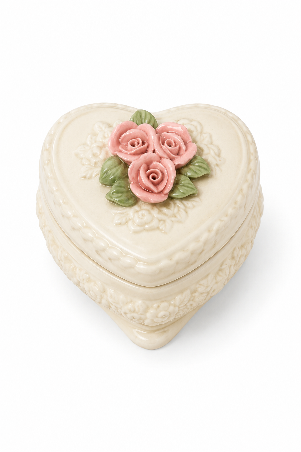Vintage 1980s Heart-Shaped Porcelain Trinket Box with 3D Roses | Romantic Jewelry Box | Shabby Chic Keepsake Box