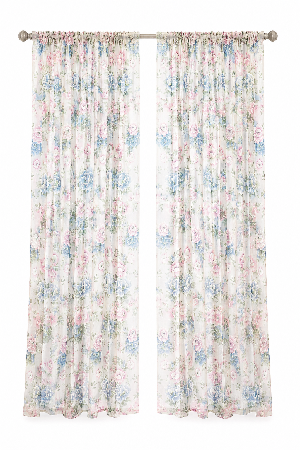 Vintage New Old Stock Sheer Floral Curtain Panels (Set of 2) | Rose & Blue | Cottagecore | 40” x 63”