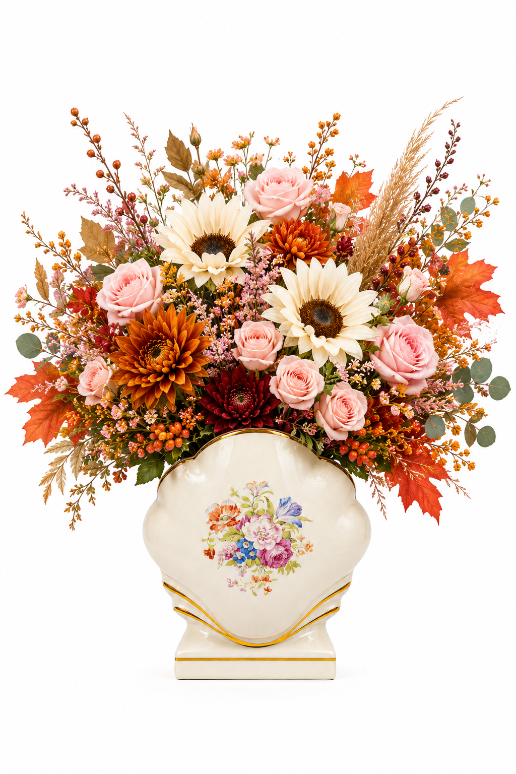 Vintage 1940s Clam Shell Ceramic Vase | Hand-Painted Floral Bouquet | Gold Trim | Cottage & English Country Décor