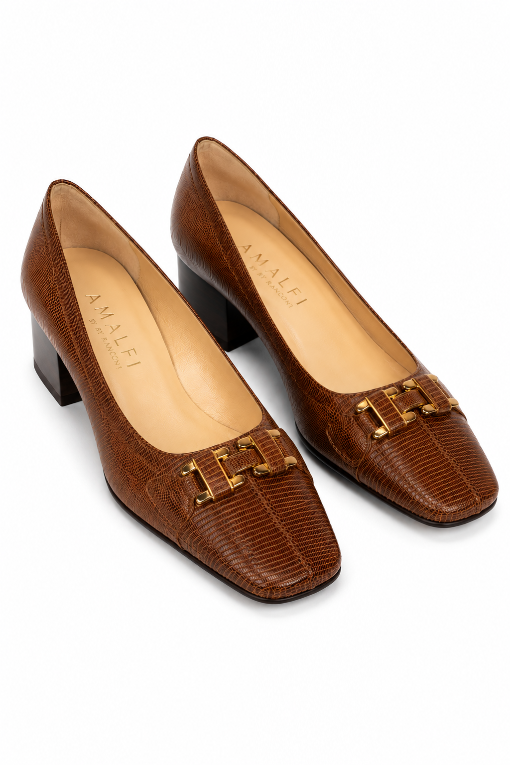 Vintage 1980s-90s AMALFI by Rangoni Italy Brown Genuine Reptile Leather Block Heel Pumps Size 8.5 Gold Buckle Shoes