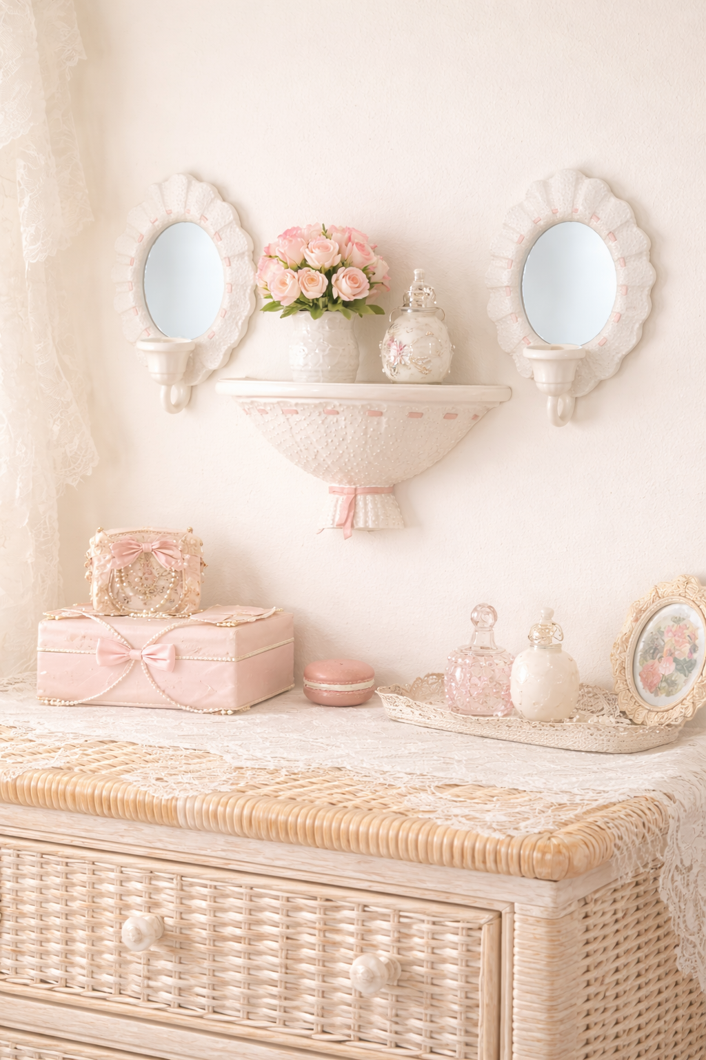 Shabby Chic Ribbon Mirror & Sconce Shelf Set – Home Interiors Wall Trio