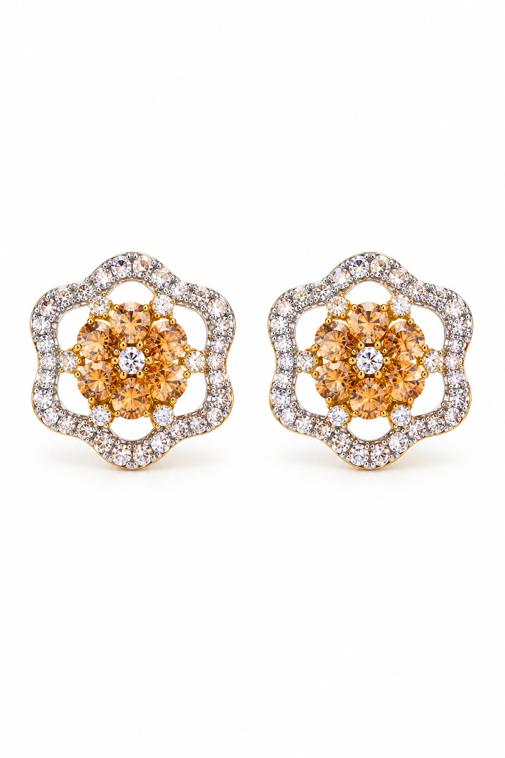 Vintage 1980s–1990s Amber & Clear Rhinestone Floral Statement Stud Earrings