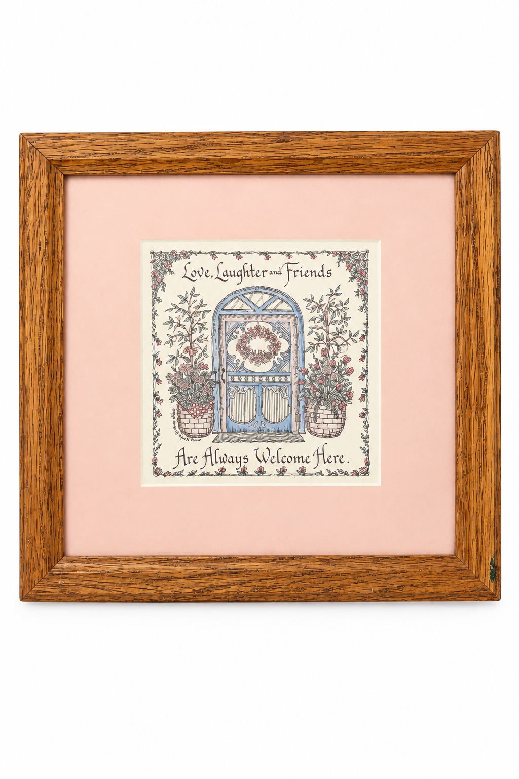 Vintage 1990 Lynn Norton Parker “Love, Laughter and Friends” Framed Calligraphy Cottagecore Wall Art