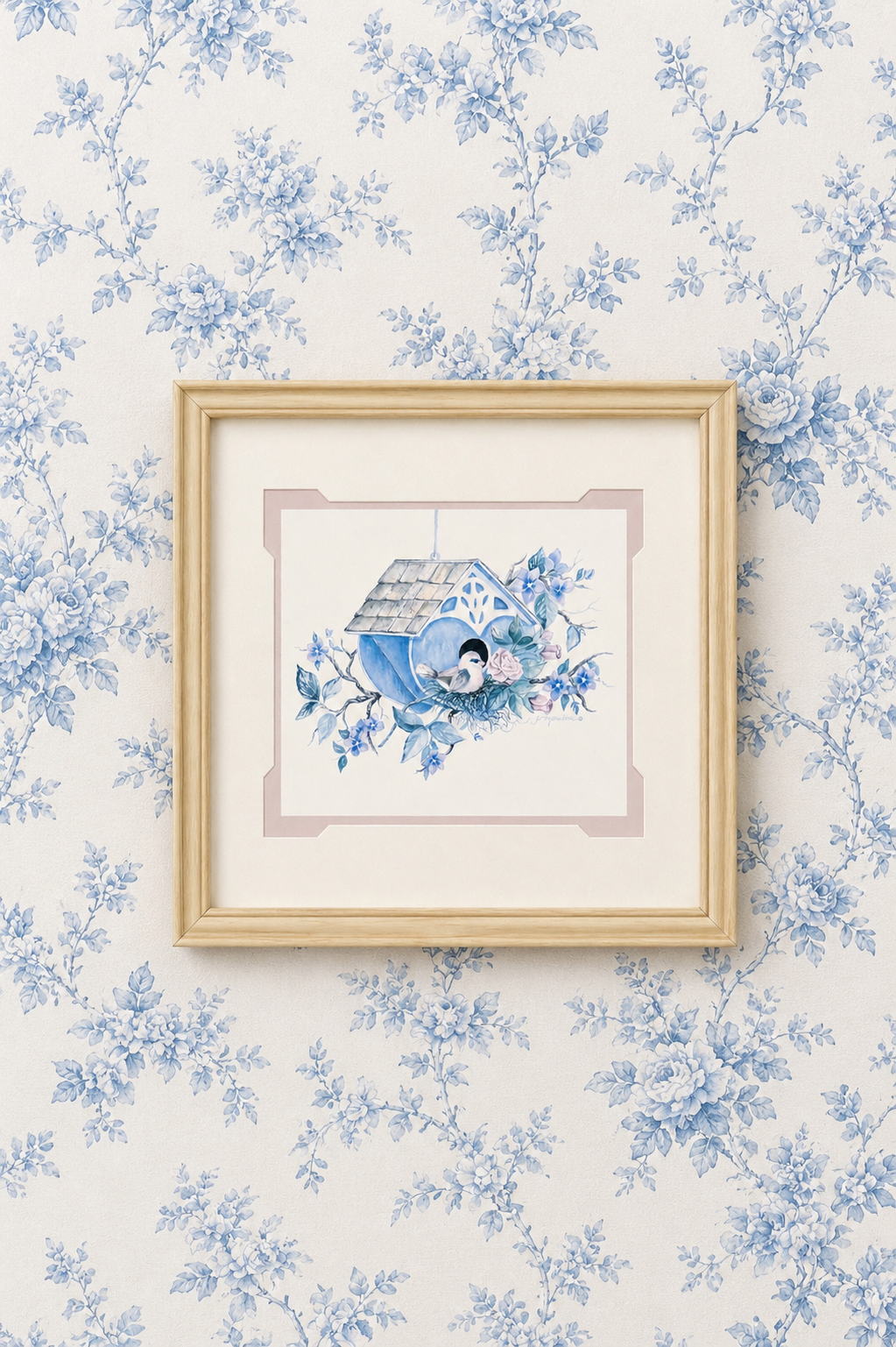 Vintage Bluebird & Birdhouse Framed Art Print | Cottagecore Floral Wall Décor | 13⅝” × 11⅝”