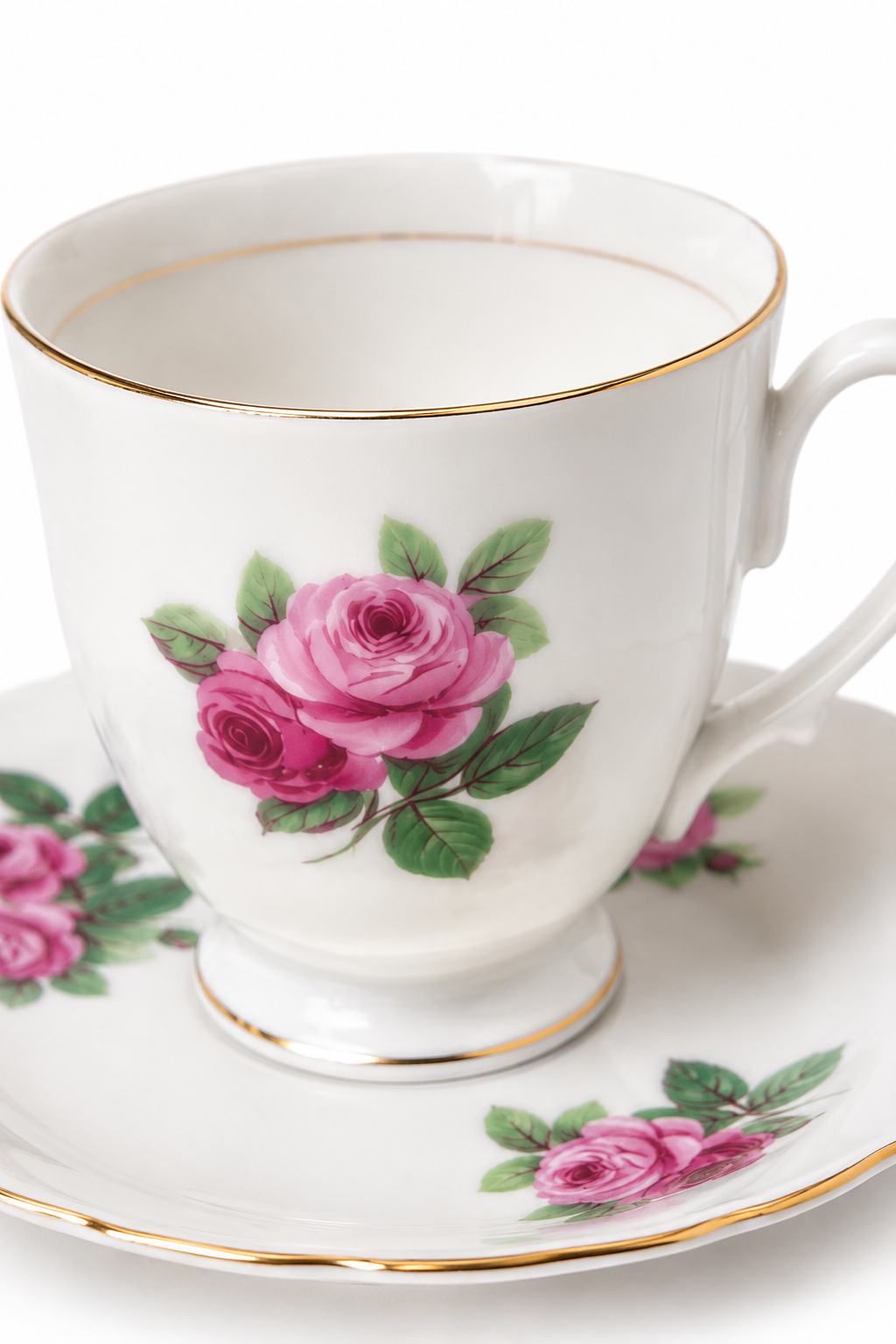 Antique 1910s Vale Longton England Fine Bone China Teacup & Saucer Set | Pink Roses | Gold Trim