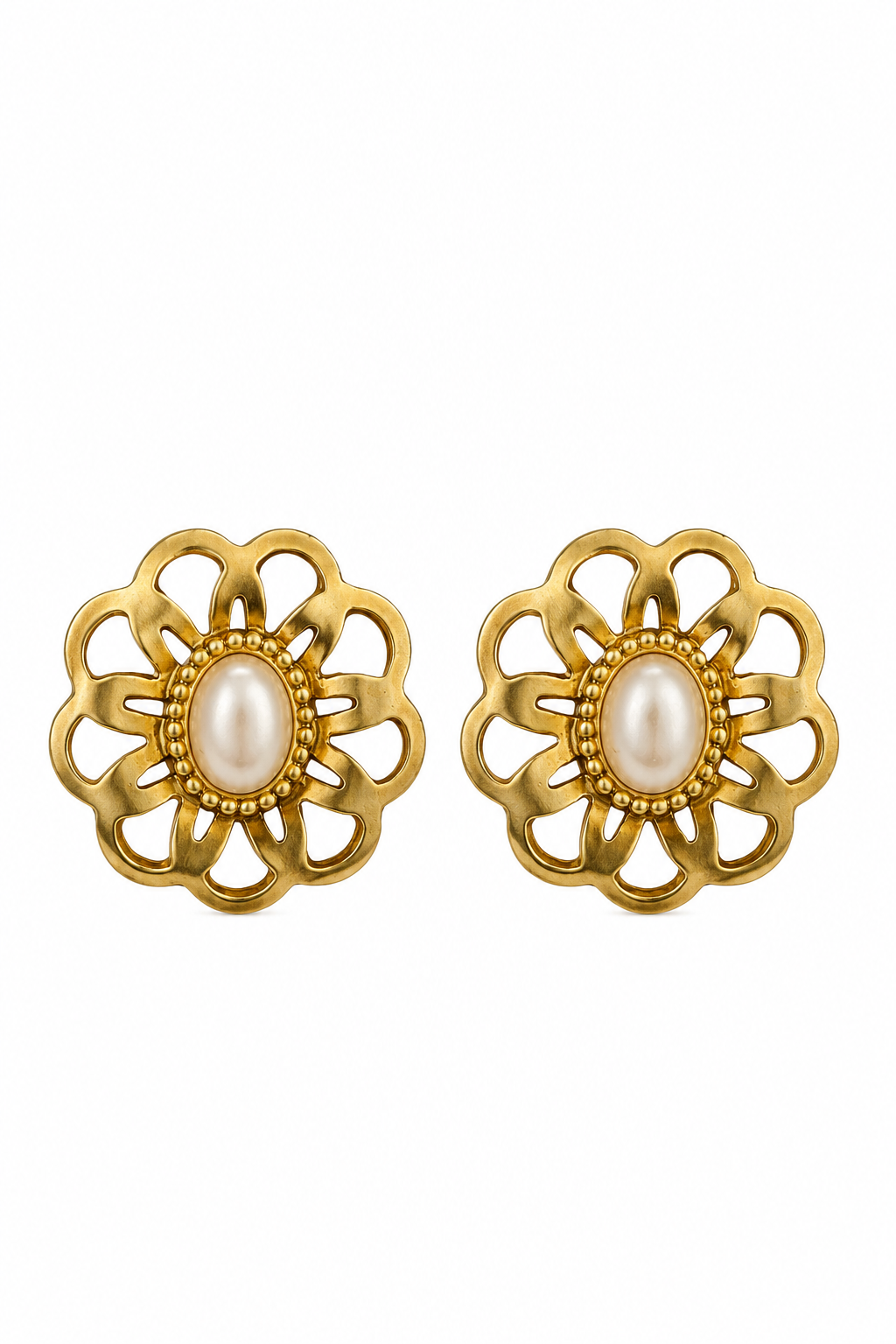 Vintage 1980s Matte Gold Filigree Flower Stud Earrings with Faux Pearl Floral Statement | 1”
