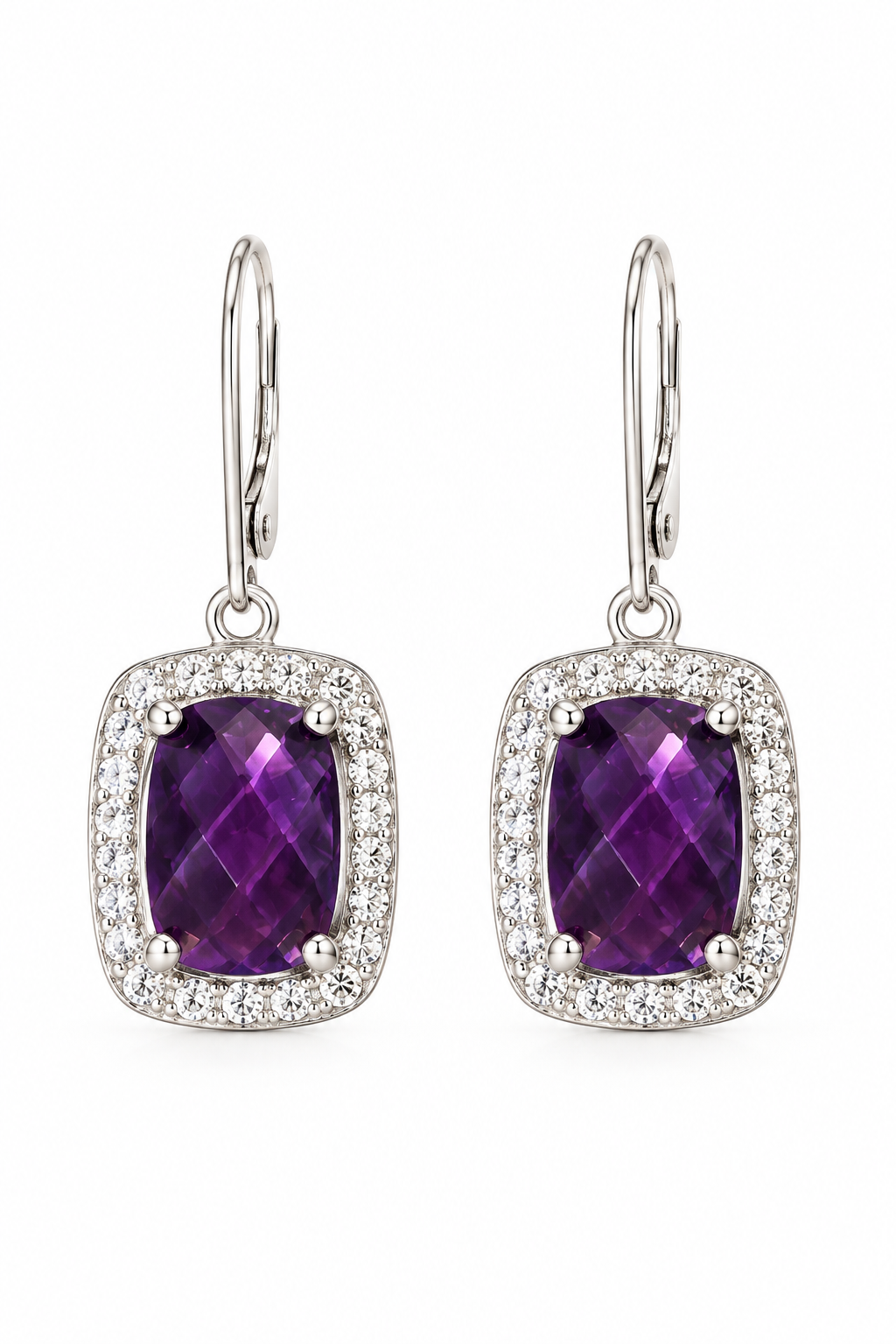 Modern Purple Cushion-Cut Halo Rhinestone Drop Earrings | Silver Tone – 1.5”