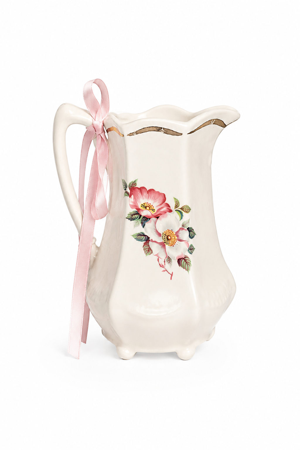 Vintage Floral Ceramic Pitcher Vase | Cottage Farmhouse Flower Pitcher | Cream Floral Vase | 6.5” Tall