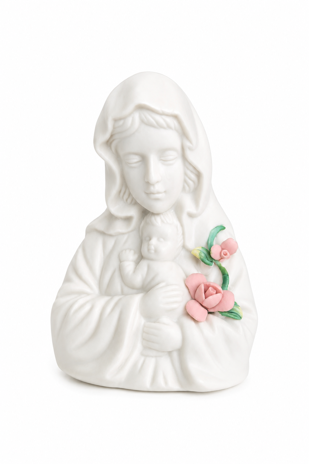 Vintage 1980s Lefton-Style Autom White Bisque Porcelain Madonna & Child Figurine | Pink Porcelain Roses | Religious Decor
