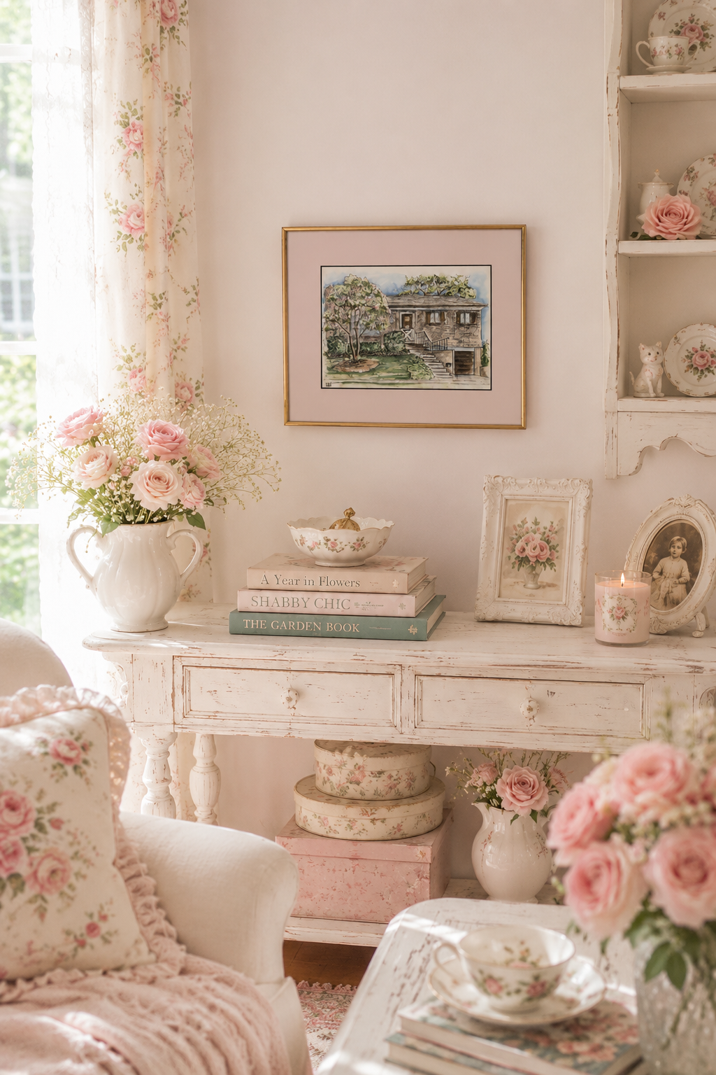 Vintage 1980s Framed Cottage House Art Print | Pastel Landscape Wall Art | Gold Frame | Signed 1983
