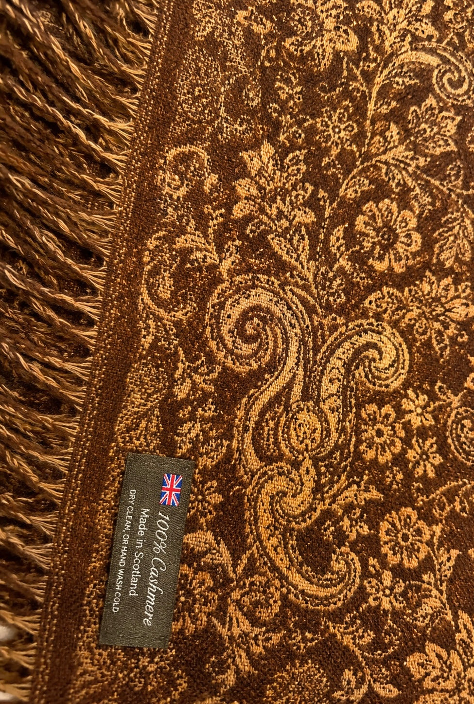 100% Cashmere Brown Floral Paisley Scarf | Made in Scotland