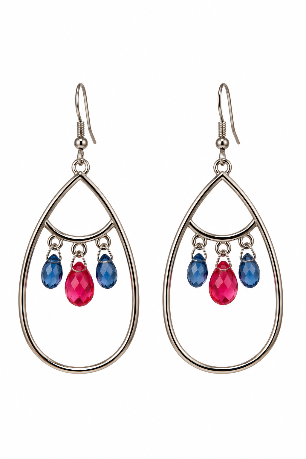 Pink & Blue Crystal Silver-Tone Teardrop Earrings | Colorful Dangle Statement Jewelry